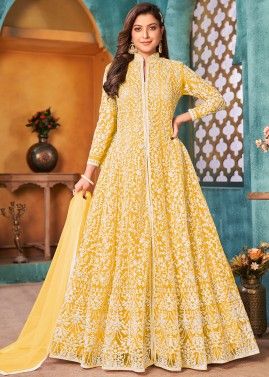 Yellow Embroidered Anarkali Suit In Slit Style