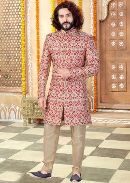 Beige Embroidered Readymade Sherwani Trouser Set