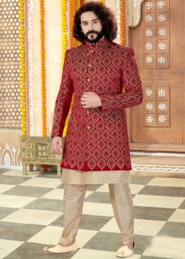 Red Embroidered Indo Western Sherwani Trouser Set