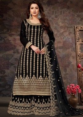 Black Embroidered Art Silk Pakistani Sharara Suit