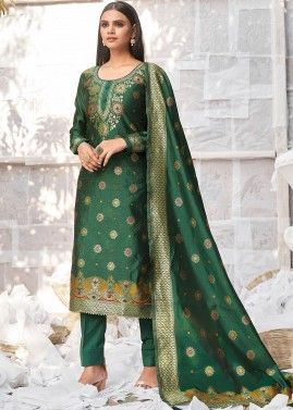 Green Jacquard Salwar Suit With Dupatta