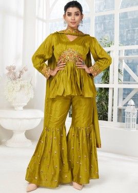 Readymade Green Embroidered Gharara Style Suit