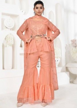 Peach Embroidered Readymade Gharara Suit