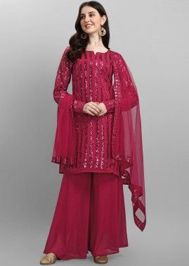 Red Sequinned Palazzo Suit In Georgette