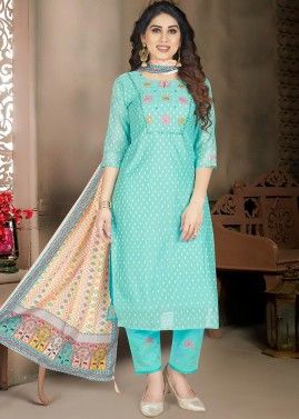 Readymade Blue Embroidered Pant Suit With Dupatta
