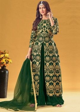 Green Zari Embroidered Slitted  With Dupatta