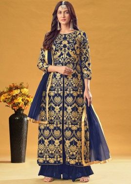 Blue Zari Embroidered Georgette Suit With Slit