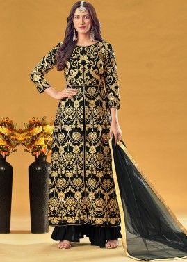 Black Zari Embroidered Georgette Suit With Slit
