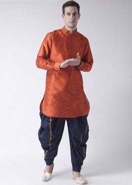 Orange Dupion Silk Readymade Kurta Dhoti Set