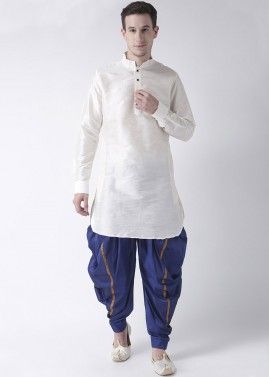 White Readymade Dupion Silk Kurta With Dhoti
