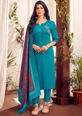 Blue Readymade Pant Style Suit In Cotton