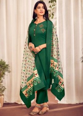 Green Cotton Readymade Pant Style Salwar Suit