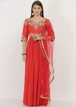 Readymade Red Embroidered Anarkali Suit In Georgette