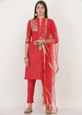 Red Readymade Dori Embroidered Pant Style Suit