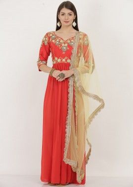 Red Readymade Embroidered Anarkali Style Suit