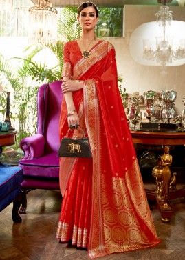 Kanjivaram Silk Red Saree In Woven Designs