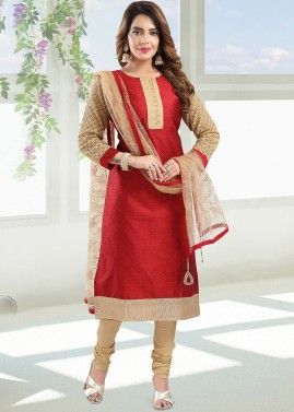 Readymade Red Salwar Suit With Net Dupatta