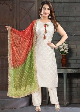 White Readymade Foil Printed Suit In Art Silk