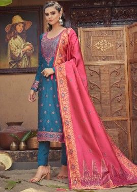 Blue Zari Woven Pant Style Suit In Jacquard