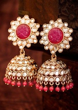 Magenta Jhumka Earrings With Dropping Beads