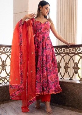 Readymade Orange Floral Printed Chiffon Anarkali Suit