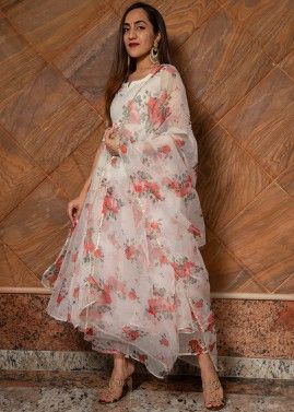 Readymade White Floral Printed Organza Anarkali Suit