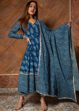 Readymade Blue Hand Block Printed Anarkali Style Suit