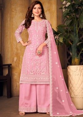 Pink Embroidered Net Palazzo Suit With Dupatta
