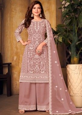 Brown Embroidered Net Palazzo Suit With Dupatta