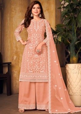Peach Embroidered Palazzo Style Suit In Net