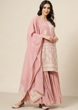 Readymade Pink Gharara Style Suit In Foil Print