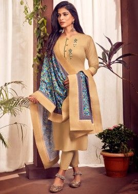 Readymade Cream Embroidered Cotton Pant Suit Set