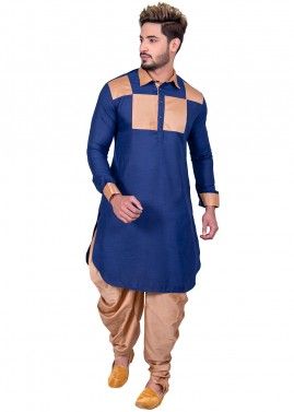 Blue Cotton Readymade Patch Work Pathani Suit