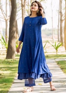 Readymade Blue Embroidered Kurta Set In Rayon