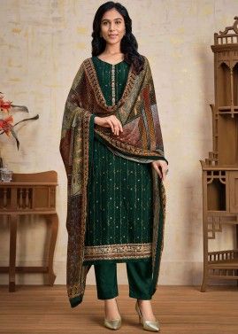Green Embroidered Pant Salwar Suit In Chiffon