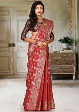 Red Zari Woven Saree With Blouse