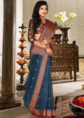 Blue Banarasi Silk Saree In Woven Design