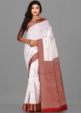 White Woven Saree In Banarasi Silk