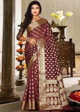 Brown Silk Georgette Saree With Blouse