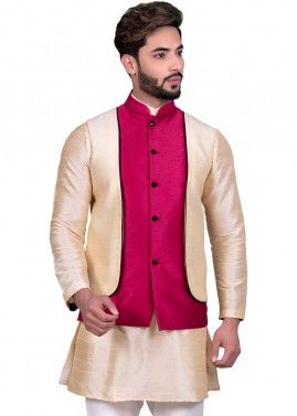 Cream and Red Layered Asymmetric Nehru Jacket