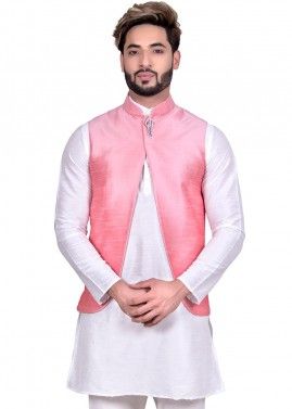 Peach Asymmetric Readymade Art Silk Nehru Jacket