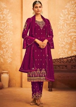 Purple Embroidered Bell Sleeved Salwar Suit