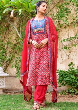 Red Readymade Hand Block Printed Pant Suit Set
