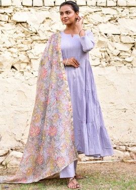 Readymade Purple Tiered Style Suit In Cotton