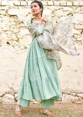 Readymade Green Tiered Suit With Block Print Dupatta