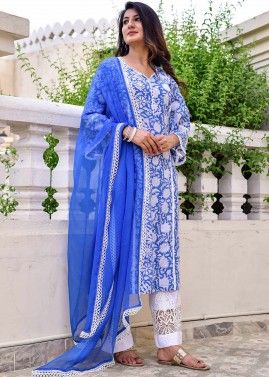 Blue Readymade Hand Block Printed Pant Suit Set