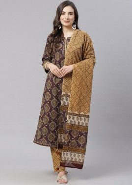 Brown Printed Readymade Suit In Cotton
