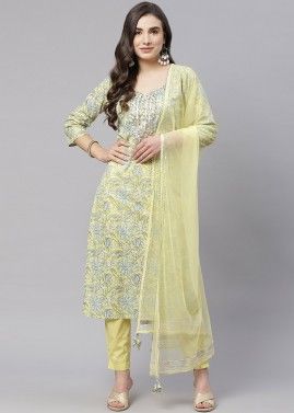 Yellow Readymade Straight Cut Floral Suit In Cotton