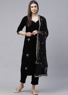 Black Readymade Embroidered Pant Style Suit