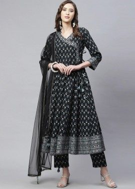 Black Floral Readymade Angrakha Style Salwar Suit
